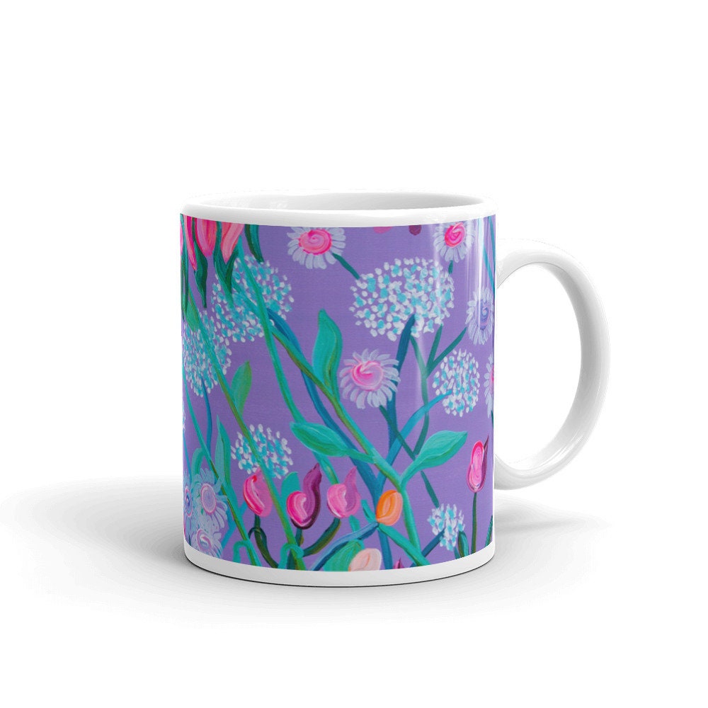 Mug with flowers, Glossy Mug in 2 sizes, vibrant colours, flowers on mug, Gift for the home, Kitchen Decor