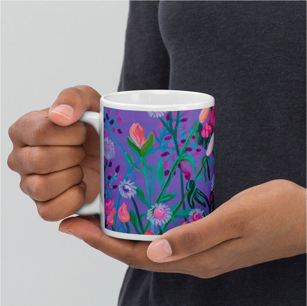Mug with flowers, Glossy Mug in 2 sizes, vibrant colours, flowers on mug, Gift for the home, Kitchen Decor