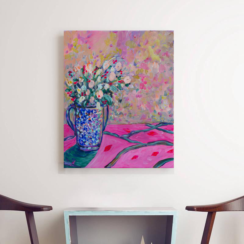 Art Print Pink Bouquet in Blue Vase - Davina Shefet Art Store