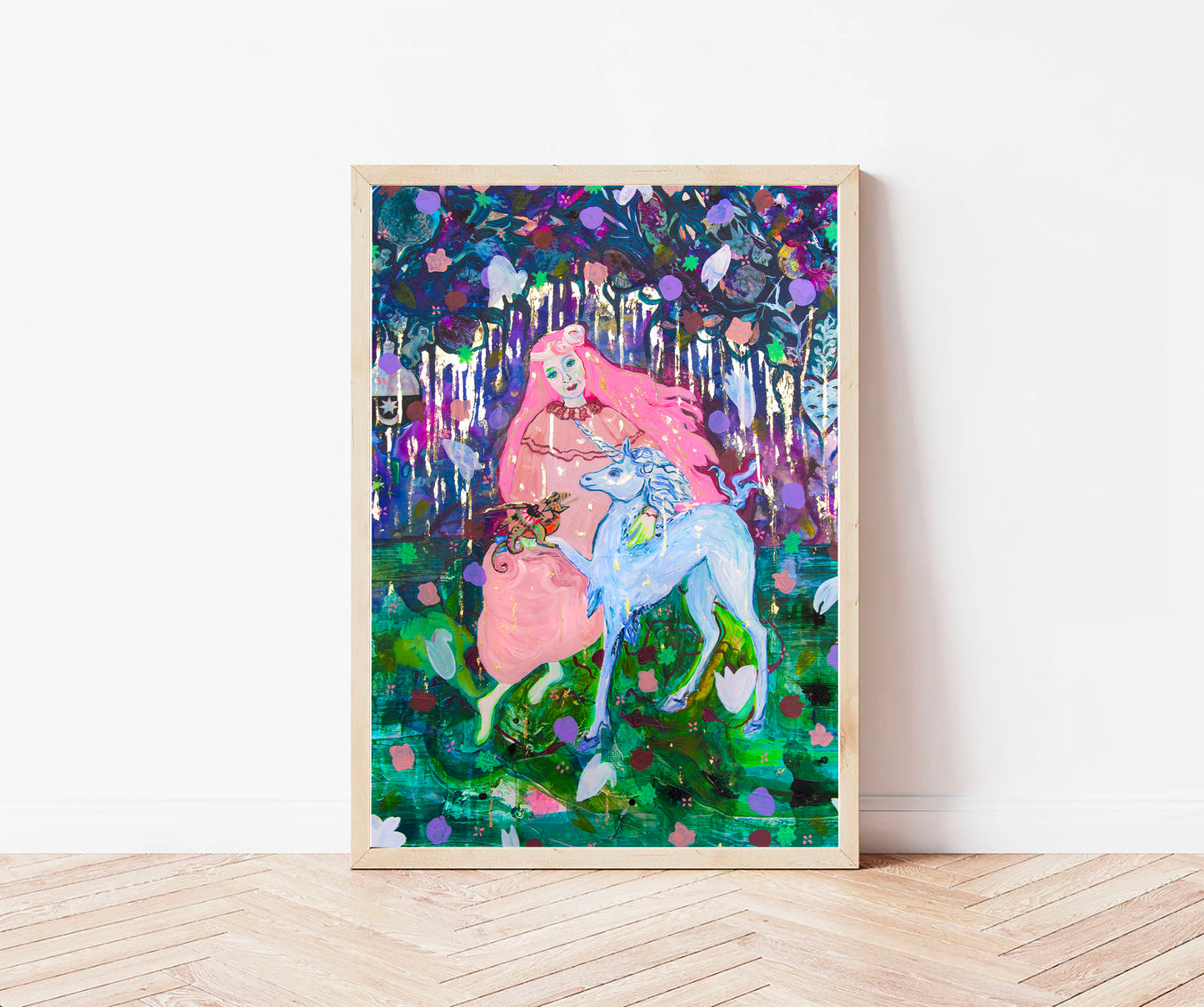 Art print of Woman with Baby Dragon and Unicorn