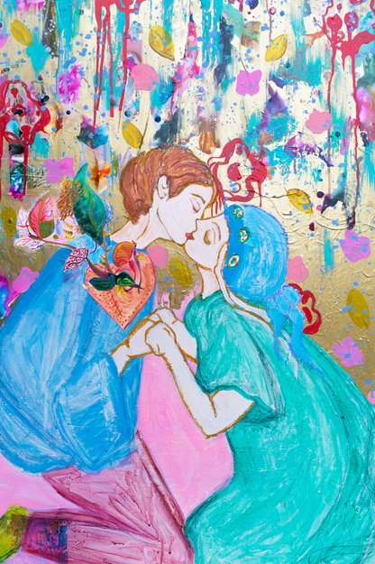 Romantic Painting of a young couple kissing