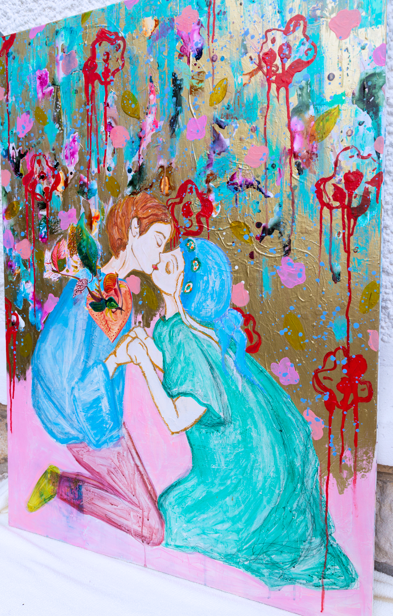 Romantic Painting of a young couple kissing