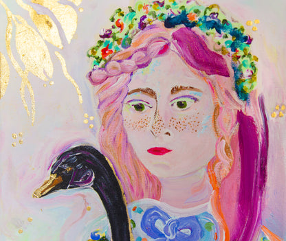 Portrait of a girl and her black swan, Original Painting