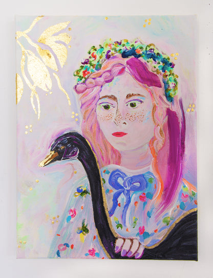 Portrait of a girl and her black swan, Original Painting