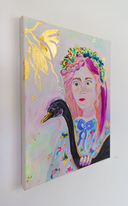 Portrait of a girl and her black swan, Original Painting