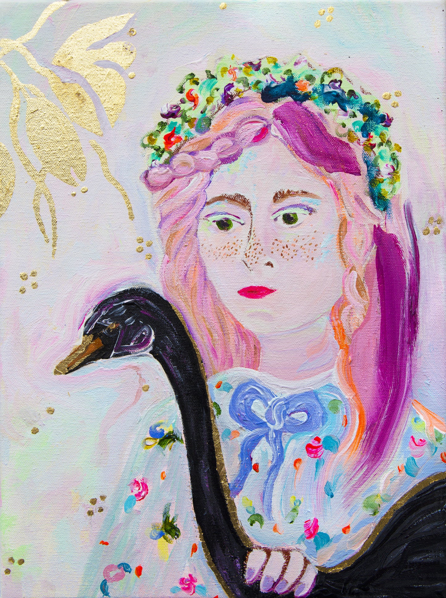 Portrait of a girl and her black swan, Original Painting