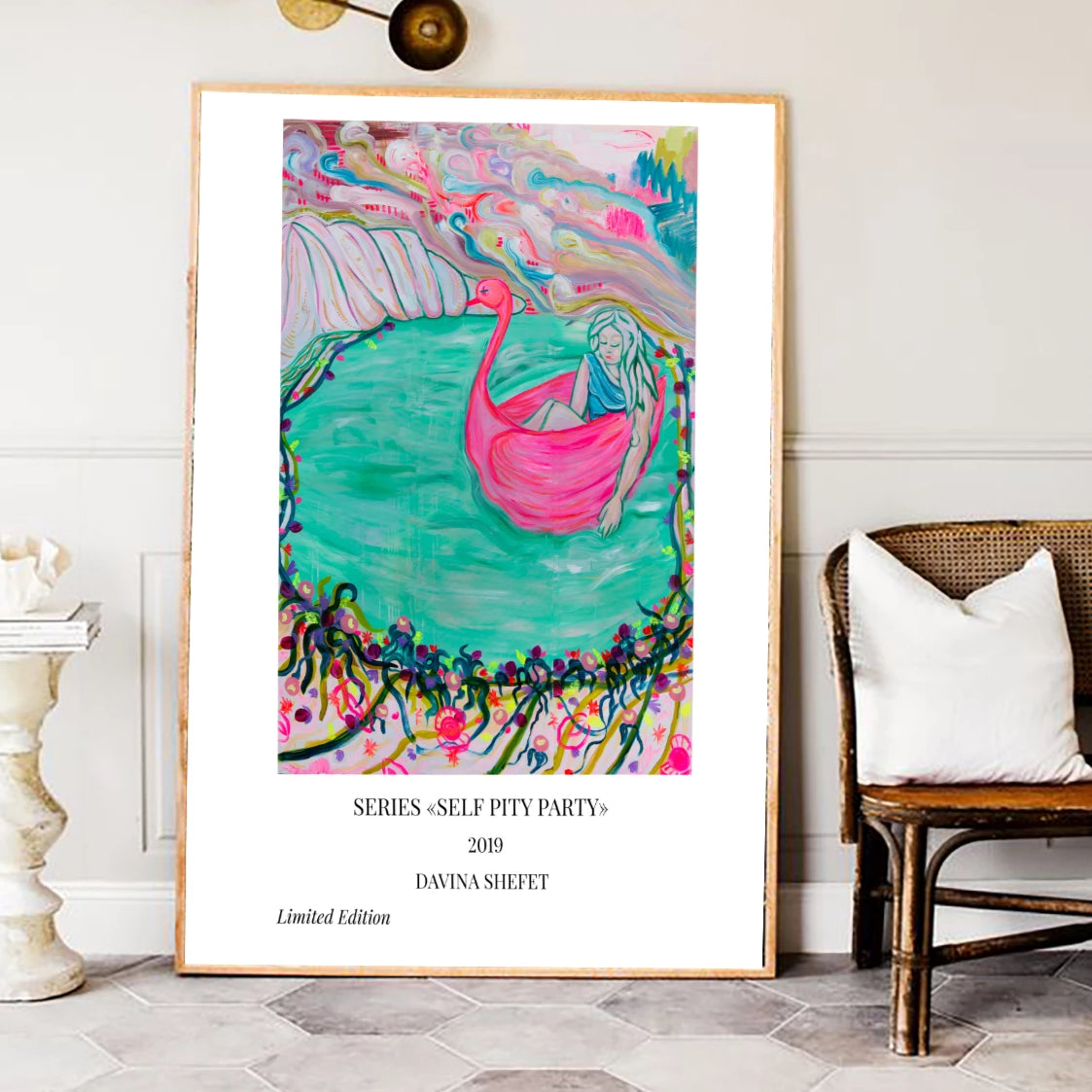 Art print, Woman in Pink Swan - Davina Shefet Art Store
