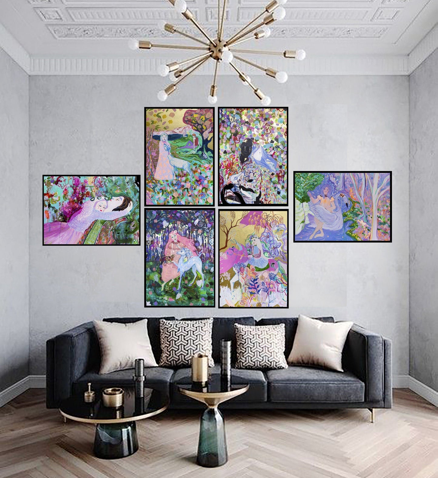Maximalist Gallery Wall, Gallery Wall, Wall Decor, Art Posters, Klimt inspired art, Colorful Decor, Eclectic Interior, luxurious wall decor