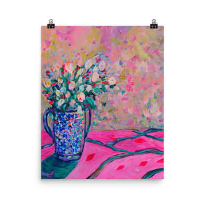 Art Print Pink Bouquet in Blue Vase - Davina Shefet Art Store