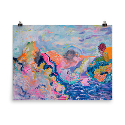 Art print, woman in shell and pink dolphins